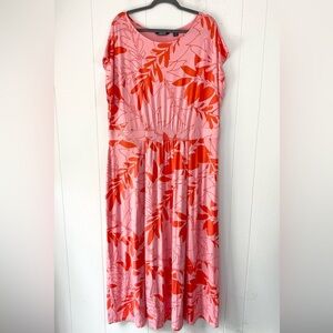 Land's End Dress Sz 2X Maxi Cap Sleeve Tropical Floral Leaf Print Pink Vacation